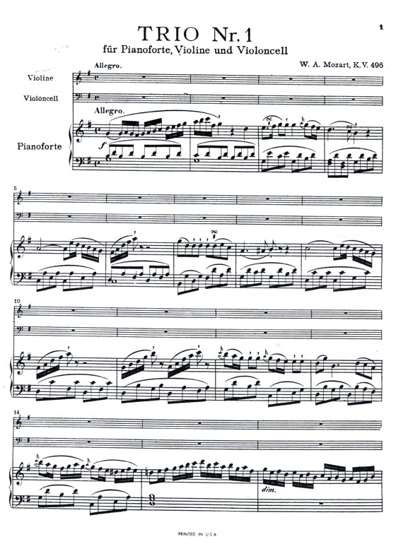 Mozart【Trio No. 1 in G Major , K. 496】for Violin , Cello and Piano