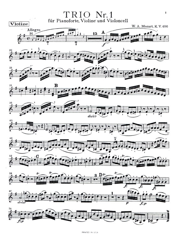 Mozart【Trio No. 1 in G Major , K. 496】for Violin , Cello and Piano Mozart【Trio No. 1 in G Major , K. 496】for Violin , Cello and Piano