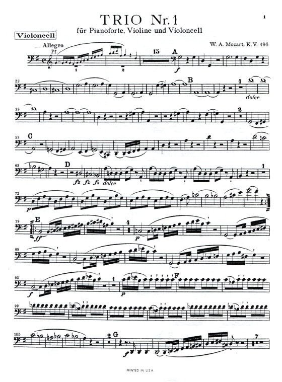 Mozart【Trio No. 1 in G Major , K. 496】for Violin , Cello and Piano Mozart【Trio No. 1 in G Major , K. 496】for Violin , Cello and Piano