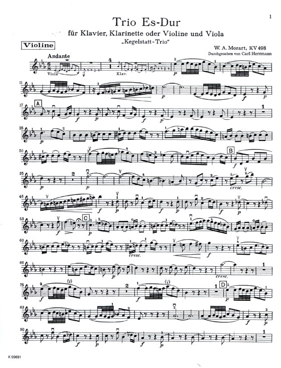 Mozart【Trio in E♭ Major , Kegelstatt-Trio , K.498】for Piano , Violin or Clarinet and Viola Mozart【Trio in E♭ Major , Kegelstatt-Trio , K.498】for Piano , Violin or Clarinet and Viola
