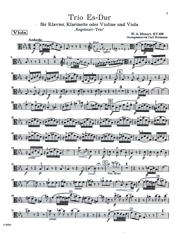 Mozart【Trio in E♭ Major , Kegelstatt-Trio , K.498】for Piano , Violin or Clarinet and Viola Mozart【Trio in E♭ Major , Kegelstatt-Trio , K.498】for Piano , Violin or Clarinet and Viola