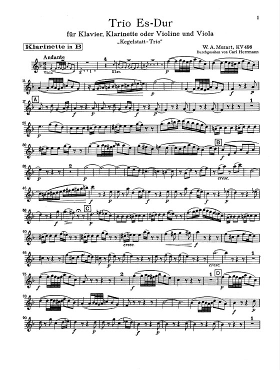 Mozart【Trio in E♭ Major , Kegelstatt-Trio , K.498】for Piano , Violin or Clarinet and Viola