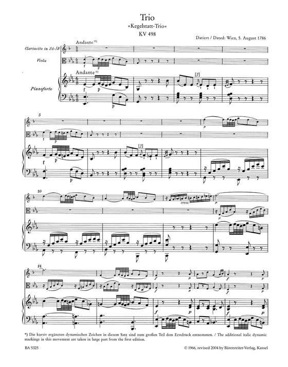 Mozart【Trio in E- flat Major , Kegelstatt-Trio 】for Piano , Clarinet and Viola , KV 498