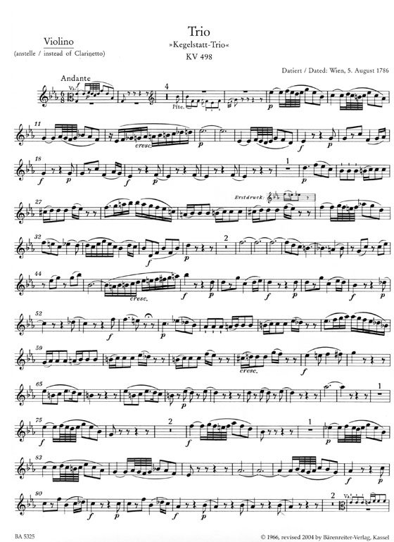 Mozart【Trio in E- flat Major , Kegelstatt-Trio 】for Piano , Clarinet and Viola , KV 498 Mozart【Trio in E- flat Major , Kegelstatt-Trio 】for Piano , Clarinet and Viola , KV 498