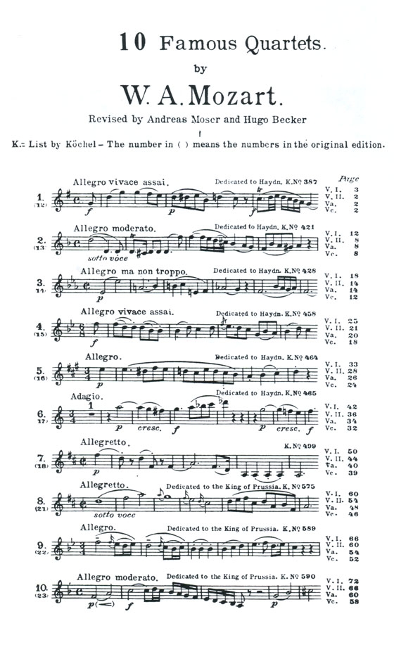 Mozart【Ten Famous Quartets】for Two Violins , Viola and Cello , K. 387, K. 421, K. 428, K. 458, K. 464, K. 465, K. 499, K. 575, K. 589, K. 590