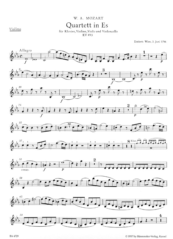 Mozart【Quartet in E flat major】for Piano , Violin , Viola and Violoncello , KV 493