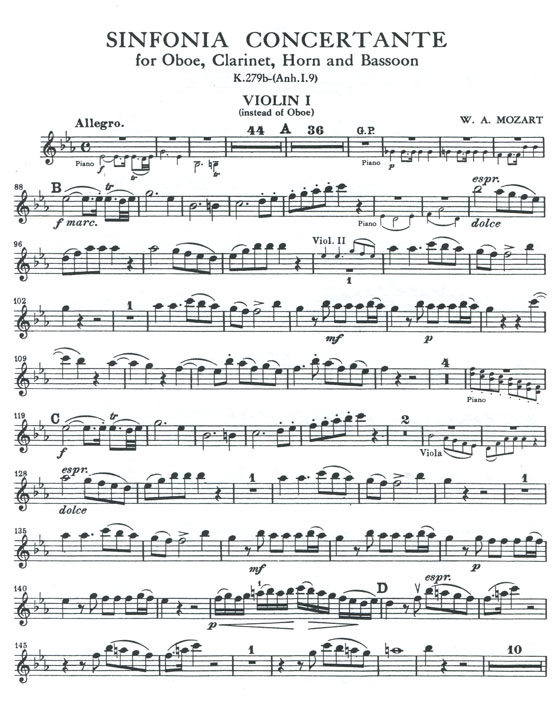 Mozart【Sinfonia Concertante in E♭ Major , K. 297b】for Two Violins , Viola , Cello and Piano