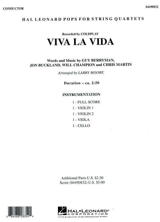 Pops【Viva La Vida】for String Quartets