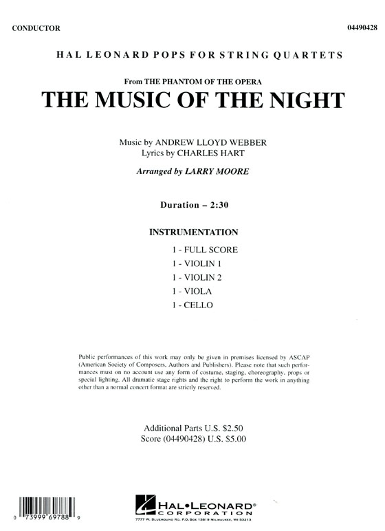 Pops【The Music Of The Night】from The Phantom of the Opera for String Quartets
