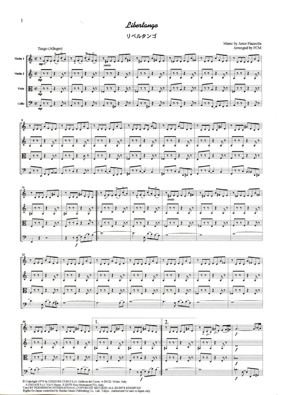Piazzolla【Libertango /リベルタンゴ】 for String Quartet
