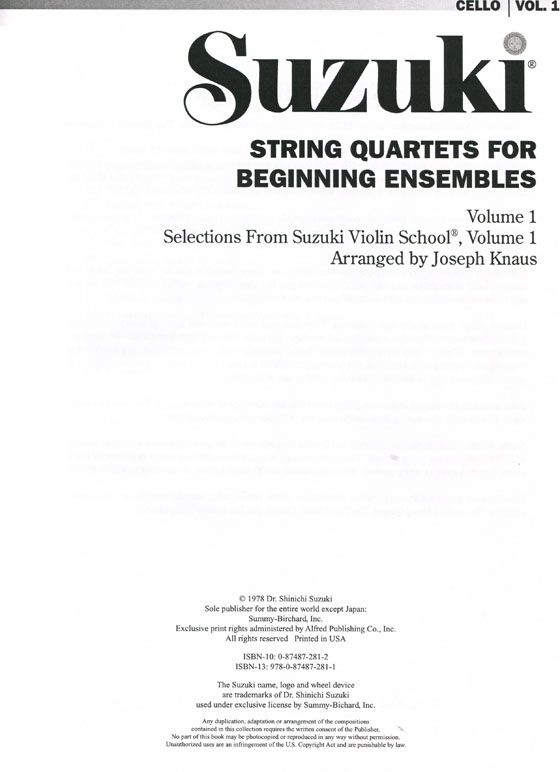 Suzuki String Quartets for Beginning Ensembles 【Volume 1】