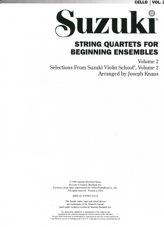 Suzuki String Quartets for Beginning Ensembles 【Volume 2】