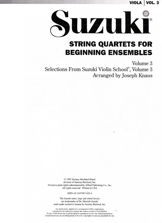 Suzuki String Quartets for Beginning Ensembles 【Volume 3】