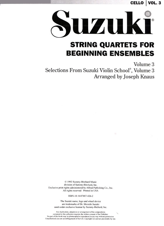 Suzuki String Quartets for Beginning Ensembles 【Volume 3】