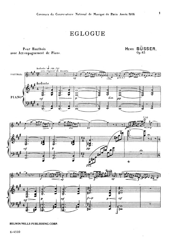 Büsser【Eglogue , Opus 63】for Oboe and Piano Büsser【Eglogue , Opus 63】for Oboe and Piano