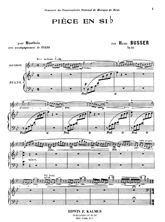 Büsser【Piece in B flat , Opus 22】for Oboe and Piano Büsser【Piece in B flat , Opus 22】for Oboe and Piano