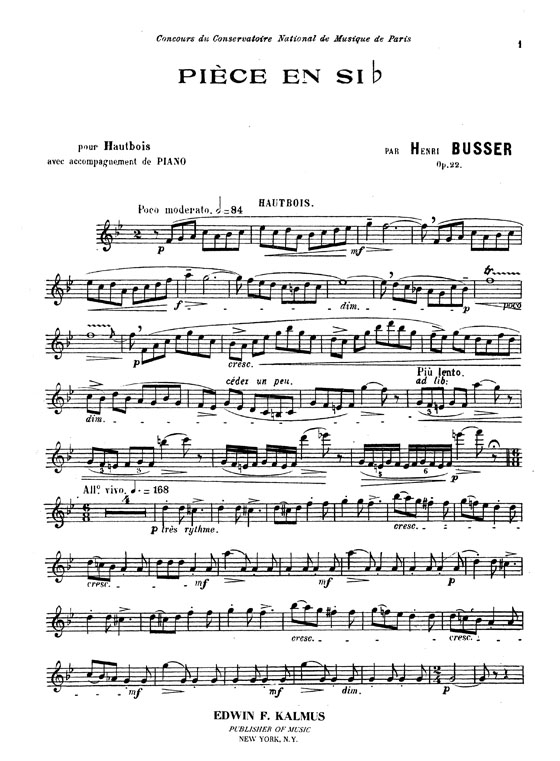 Büsser【Piece in B flat , Opus 22】for Oboe and Piano Büsser【Piece in B flat , Opus 22】for Oboe and Piano
