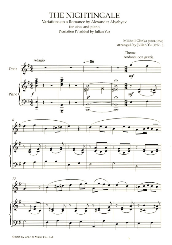 Mikhail Glinka【The Nightingale : Variations on a Romance by Alexandre Alyabyev】for Oboe and Piano