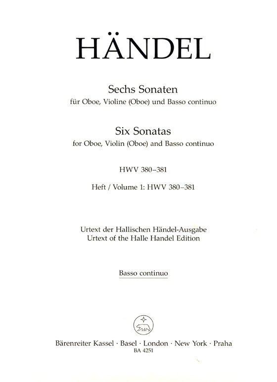 Händel【Sechs Sonatas, HWV 380、HWV 381】für Oboe, Violine (Oboe) und Basso continuo , Heft 1