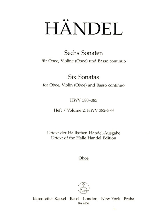 Händel【Sechs Sonatas , HWV 382、HWV383】für Oboe, Violine (Oboe) und Basso continuo , Heft 2