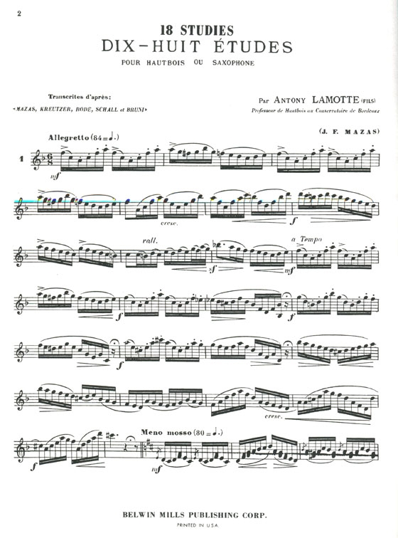 Antony Lamotte【18 Studies】for Oboe or Saxophone
