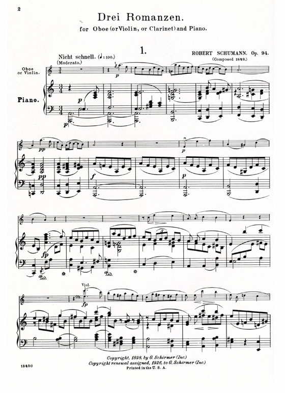 Schumann【Three Romances, Opus 94】for Oboe (or Violin, or Clarinet) and Piano