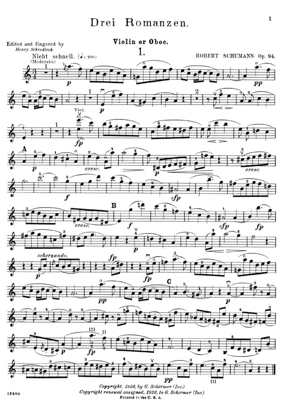 Schumann【Three Romances, Opus 94】for Oboe (or Violin, or Clarinet) and Piano