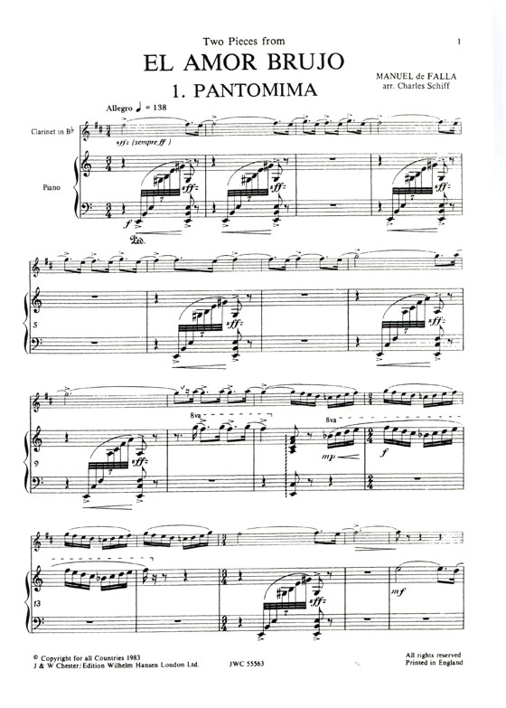 Manuel De Falla【Two Pieces From El Amor Brujo】for Clarinet and Piano , Special Order Edition