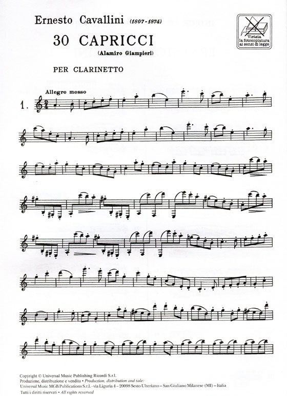 カヴァリーニ：クラリネットのための 30の奇想曲　RICORDI 版