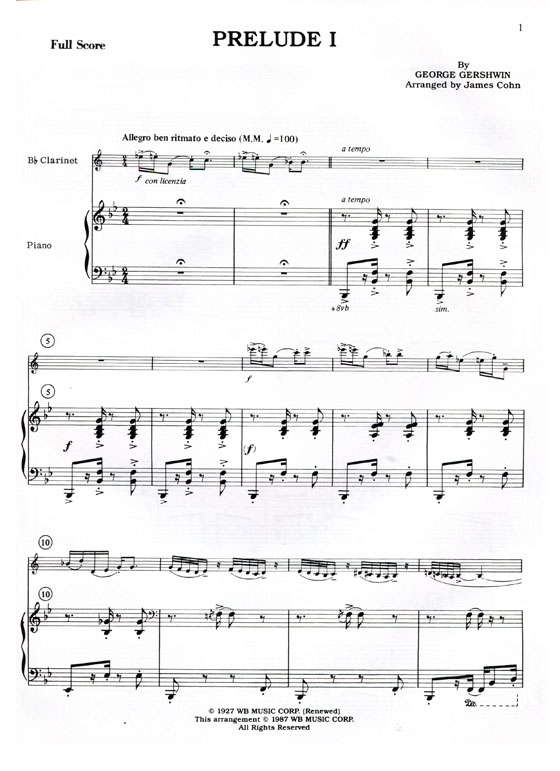 George Gershwin's【Preludes】for Piano adapted for solo B♭【Clarinet】and Piano accompaniment