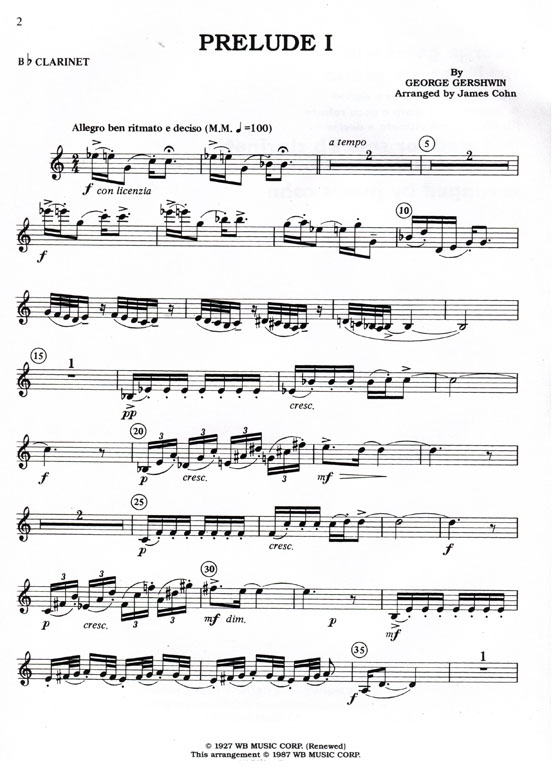 George Gershwin's【Preludes】for Piano adapted for solo B♭【Clarinet】and Piano accompaniment