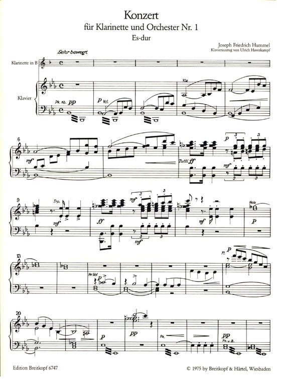 J. FR. Hummel【Konzert Nr. 1 , Es-dur】Für Klarinette und Orchester J. FR. Hummel【Konzert Nr. 1 , Es-dur】Für Klarinette und Orchester