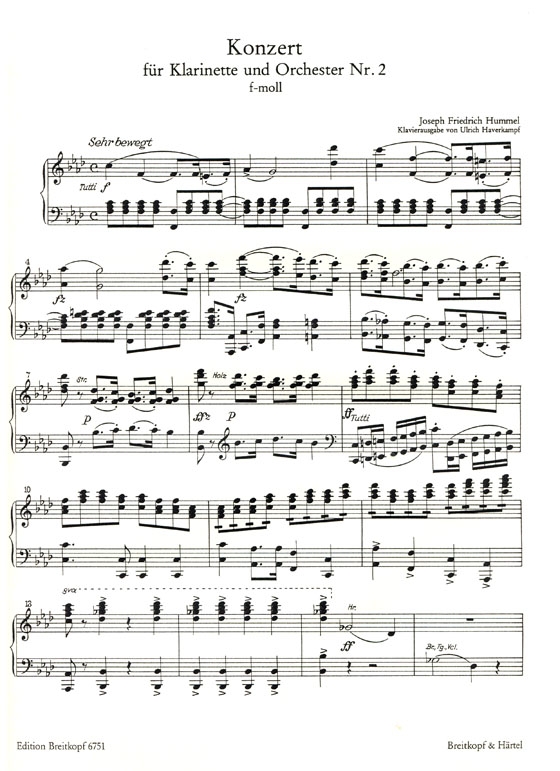 J. Fr. Hummel【Konzert Nr. 2 , f-moll】 für Klarinette und Orchester