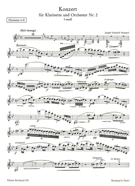 J. Fr. Hummel【Konzert Nr. 2 , f-moll】 für Klarinette und Orchester J. Fr. Hummel【Konzert Nr. 2 , f-moll】 für Klarinette und Orchester