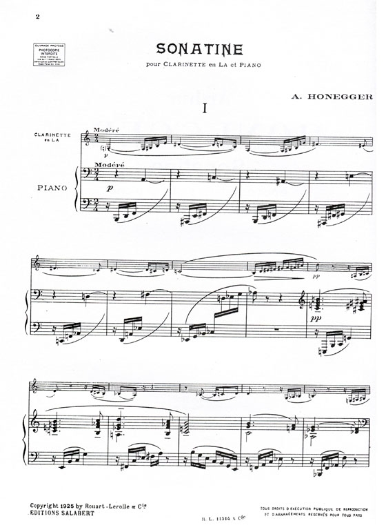 Arthur Honegger【Sonatine】pour clarinette en La et Piano