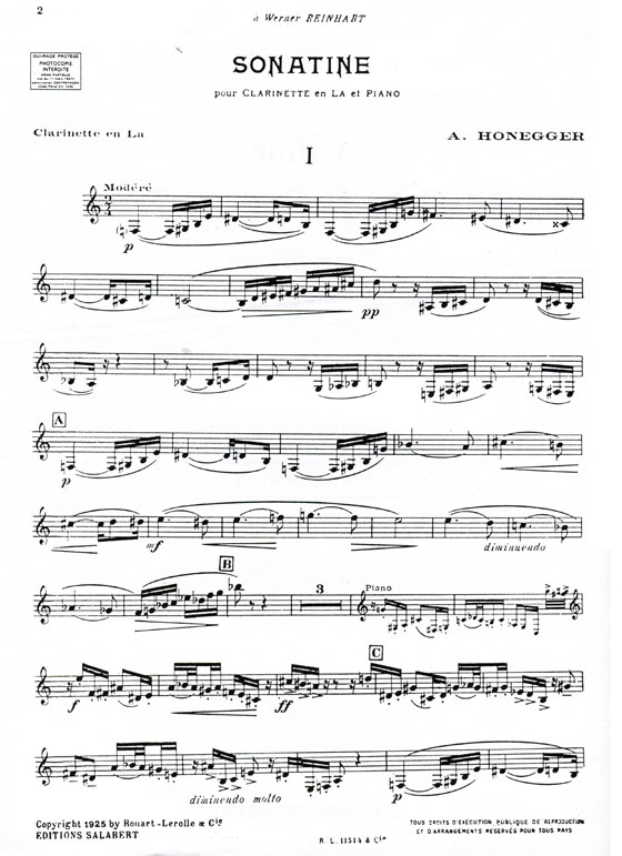 Arthur Honegger【Sonatine】pour clarinette en La et Piano