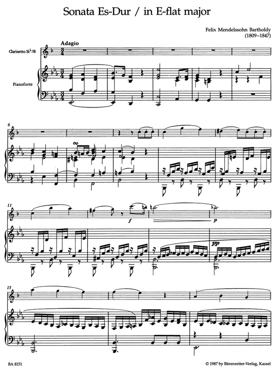 Mendelssohn Bartholdy【Sonata in E-flat major】for Clarinet and Piano
