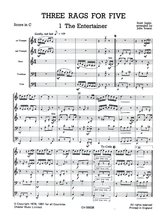 Scott Joplin【Three Rags for Five】for Brass Quintet , Just Brass Series No. 25