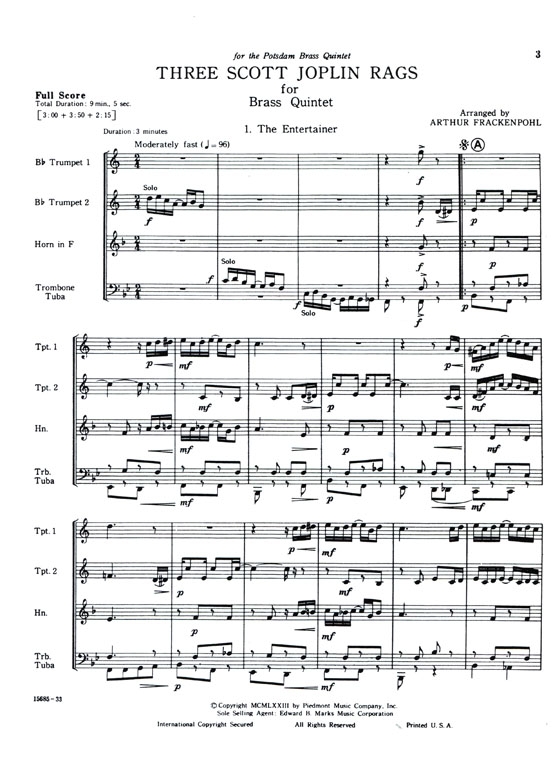 Three Scott Joplin【Rags】for Brass Quintet