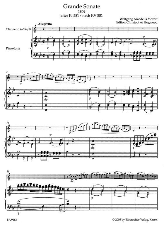 Mozart【Grande Sonate for B flat Clarinet and Piano】after the Clarinet Quintet K. 581