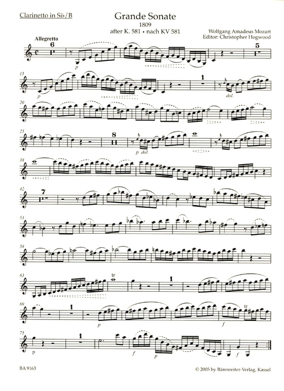 Mozart【Grande Sonate for B flat Clarinet and Piano】after the Clarinet Quintet K. 581