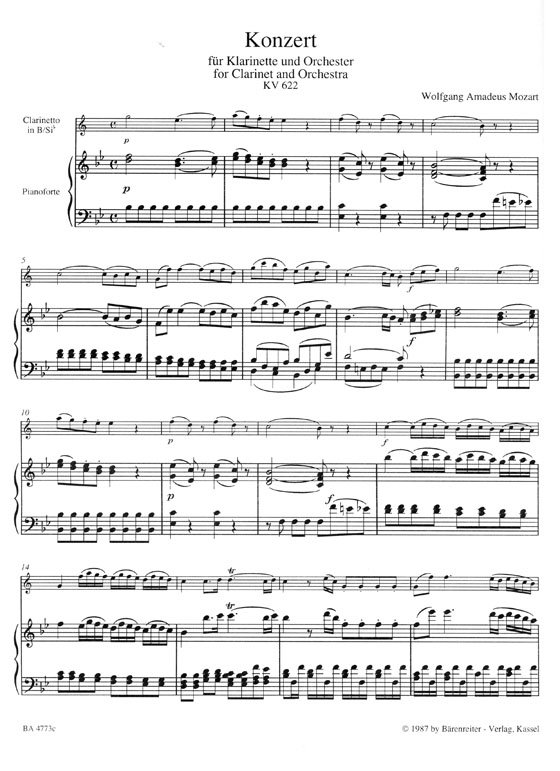 Mozart【Clarinet Concerto K. 622】for B-flat Clarinet and Piano