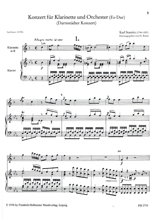 Karl Stamitz【Konzert, Es-Dur -Darmstädter Konzert-】für Klarinette in B & Orchester for Clarinet in B♭& Piano
