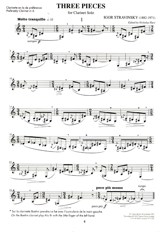Igor Stravinsky【Three Pieces】for Clarinet Solo,Revised Edition-1993	