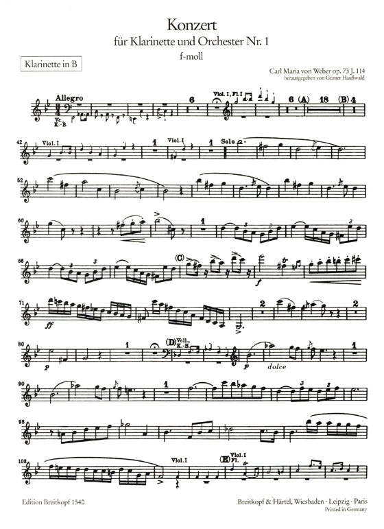 Weber【Konzert Nr. 1 f-moll , Op.73  J.114】für Klarinette und Orchester