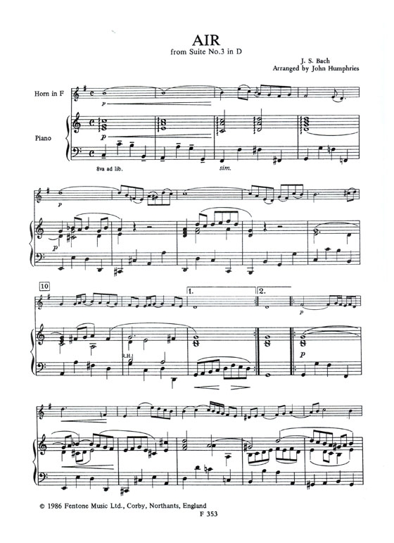 J.S. Bach【Air on the G String】from Suite No. 3 , BWV 1068 for Horn in F and Piano