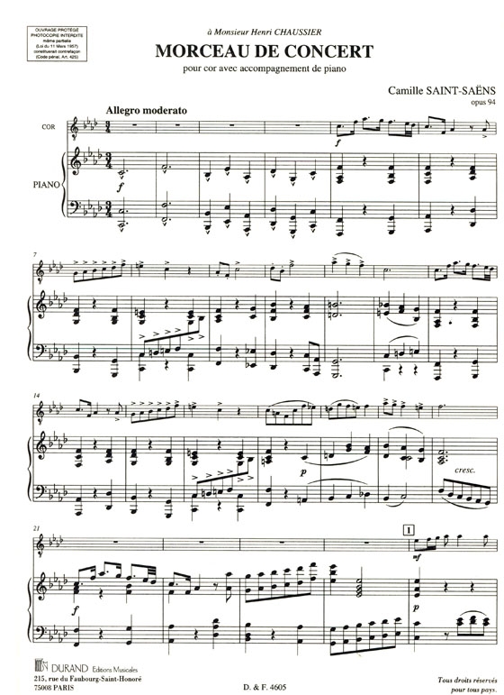 Saint-Saëns【Morceau De Concert , Opus 94】Pour cor avec accompagnement de Piano