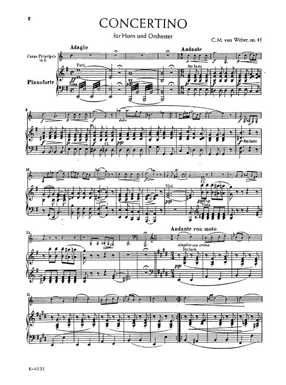 Weber【Concertino In E Minor , Opus 45】for Horn (In E) and Piano