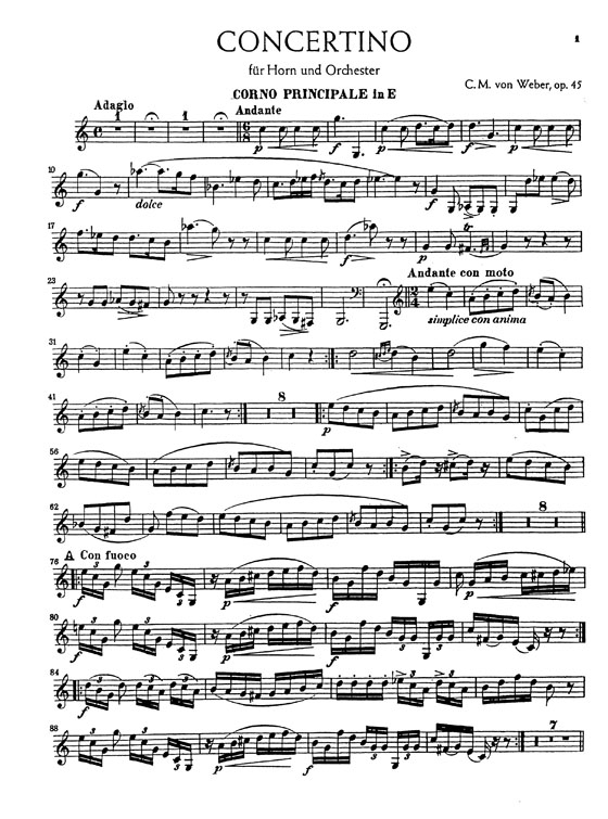 Weber【Concertino In E Minor , Opus 45】for Horn (In E) and Piano