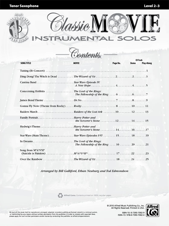 Classic Movie Instrumental Solos【CD+樂譜】for Tenor Saxophone, Level 2-3